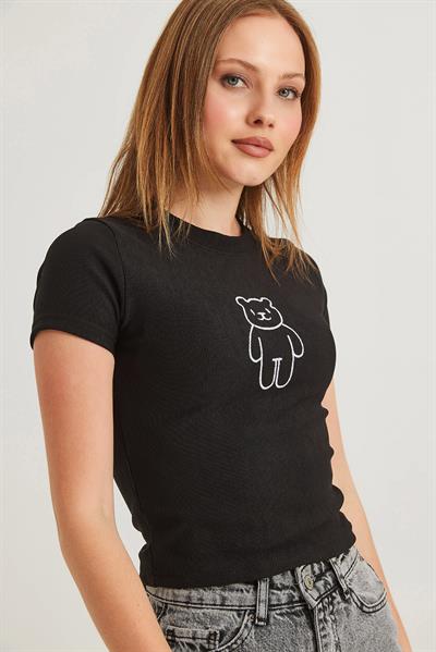 Ayıcık Nakışlı Kaşkorse Bluz Siyah