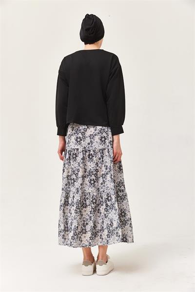 Çiçek Desenli Etekli İkili Takım Siyah
