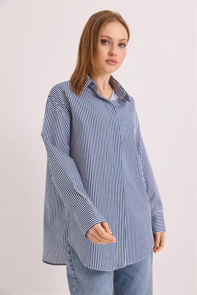 Çizgili Oversize Basic Gömlek Lacivert