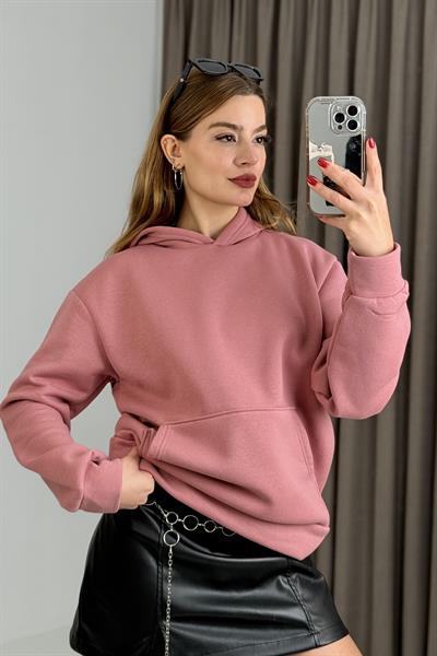 Üç İplik Pembe Şardonlu Kangru Cepli Kapişonlu Sweat