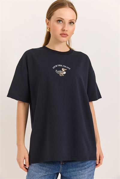 Duck Nakışlı Oversize İki İplik Tshirt  Lacivert
