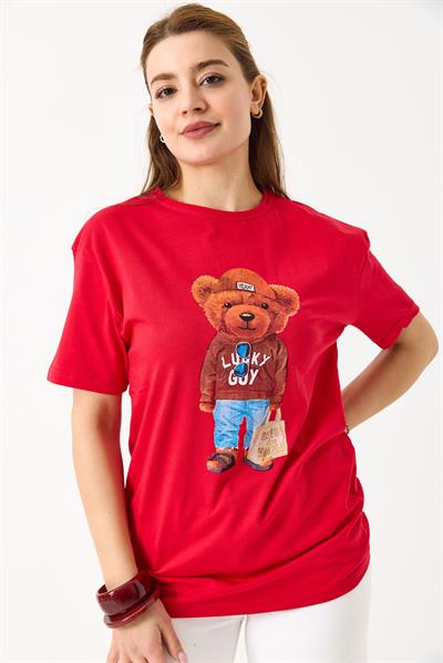Ayıcık Baskılı Pamuklu Bisiklet Yaka Tshirt Kırmızı