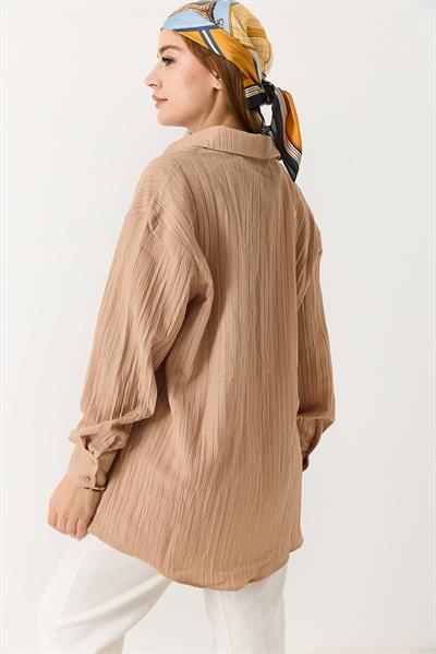 Kadın Oversize Müslin Kumaş Basic Gömlek Camel