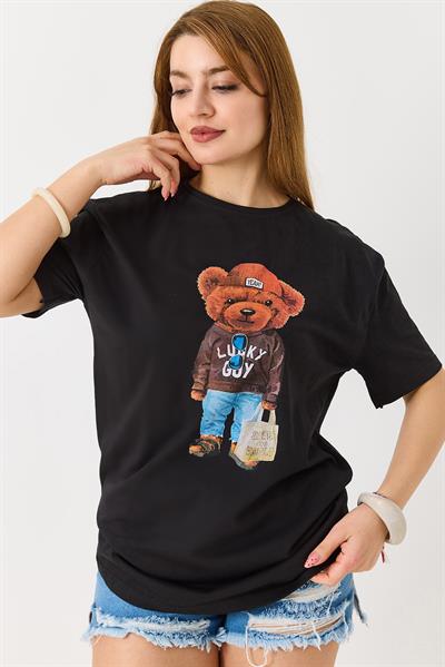 Ayıcık Baskılı Pamuklu Bisiklet Yaka Tshirt Siyah