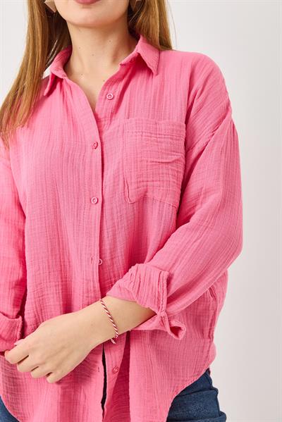 Uzun Kollu Oversize Gömlek Pembe