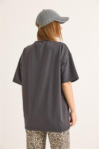 Bisiklet Yaka Baskılı Oversize Tshirt Füme