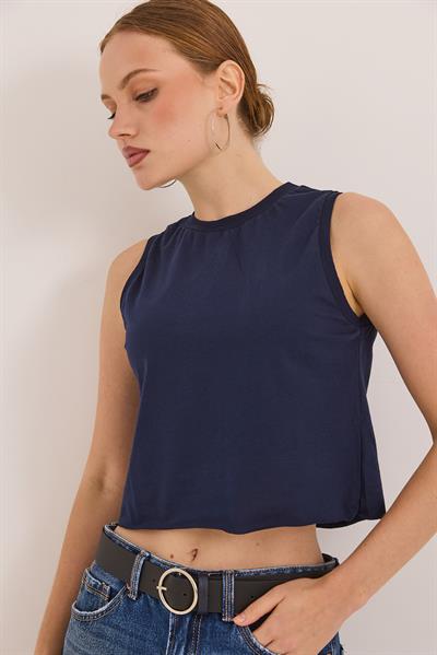 Sıfır Kol Yuvarlak Yaka Havalı Crop Tshirt Lacivert