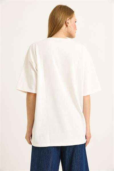 Baskılı Oversize Bisiklet Yaka Tshirt Beyaz