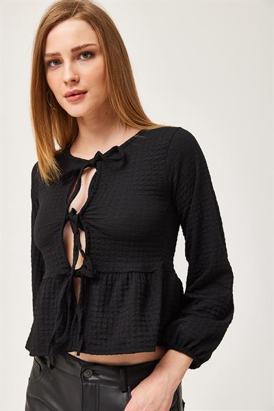 Bağlama Detaylı Esnek Örme Bluz Siyah