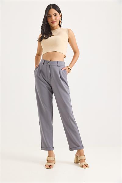 Beli Lastikli Katlı Paça Kadın Pantolon Gri