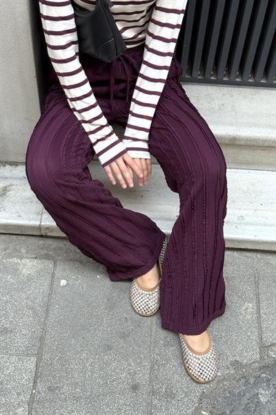 Geniş Paça Pileli Belden Bağlamalı Pantlon Mürdüm