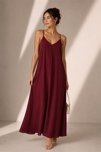 Kadın İnce Ayarlanabilir Askılı Oversize Elbise Bordo