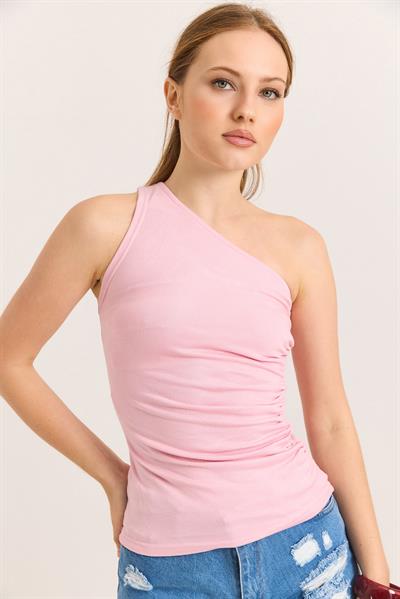 Tek Omuz Esnek Kumaş Bluz Pembe