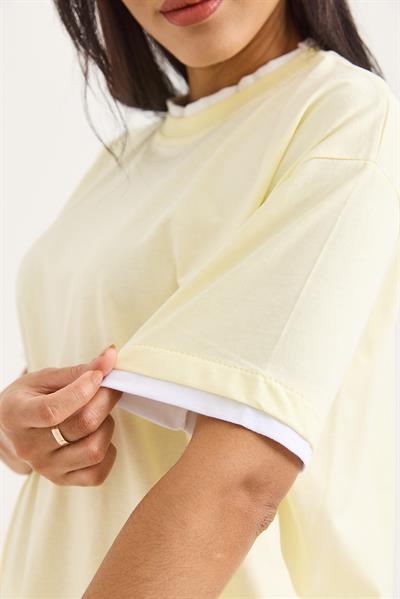 Bisiklet Yaka Kolları Garnili Kadın T-shirt Sarı