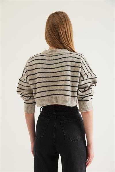 İnce Çizgili Crop Triko Kazak Taş