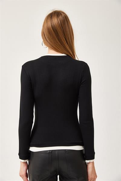 Yaka ve Etek Garnili Esnek Bluz Siyah