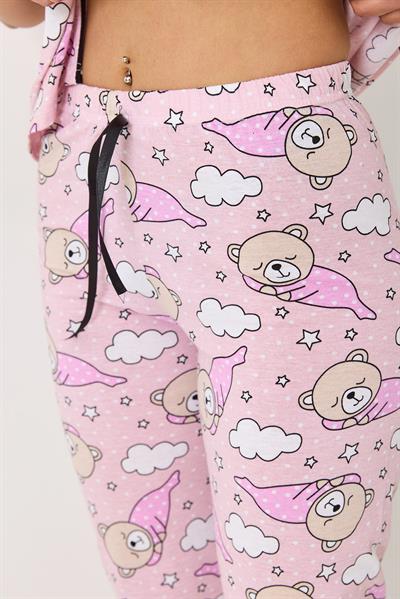 Kadın Bulut Baskılı Pijama Takımı Pembe