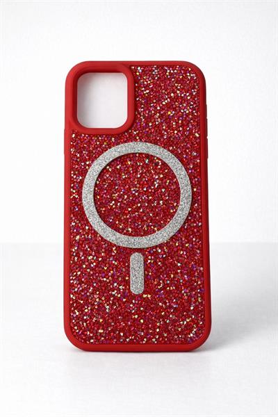 İphone 15 Pro Uyumlu Parlak ve Taşlı Kart Bölümlü Kılıf Kırmızı