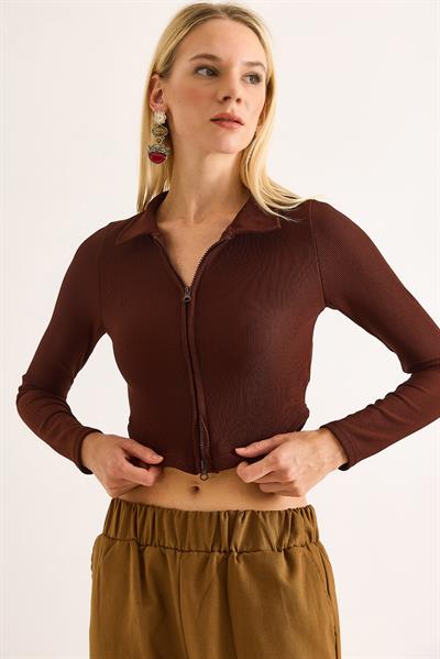 Kadın Polo Yaka Fermuarlı  Fitilli Kaşkorse Crop Kahverengi