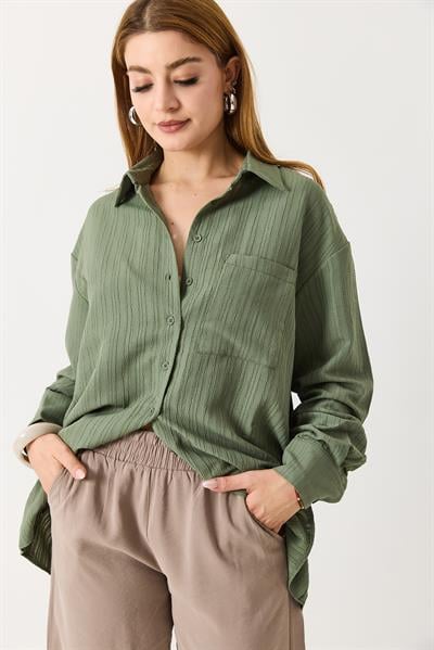 Kadın Oversize Müslin Kumaş Basic Gömlek Haki