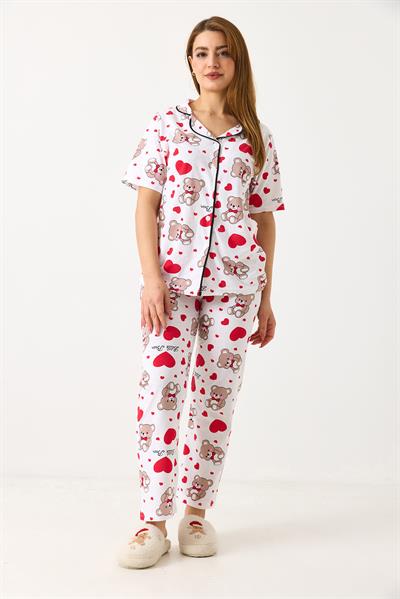 Kadın Ayıcık Baskılı Pijama Takımı Beyaz