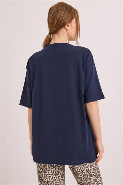 Göz Baskılı Oversize Pamuk Süprem Tshirt Lacivert