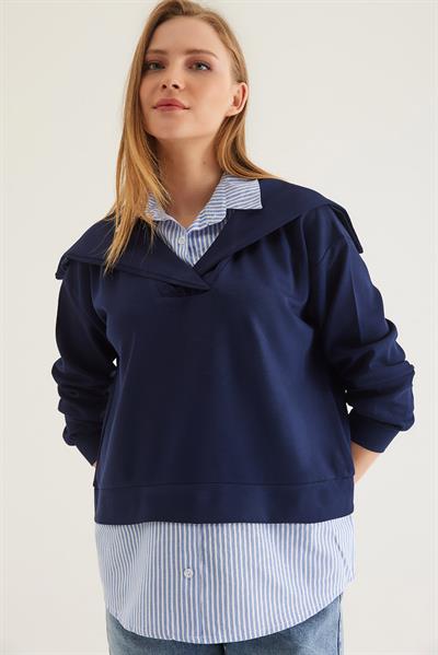 Modal Kumaş Gömlek Garnili Tunik Lacivert