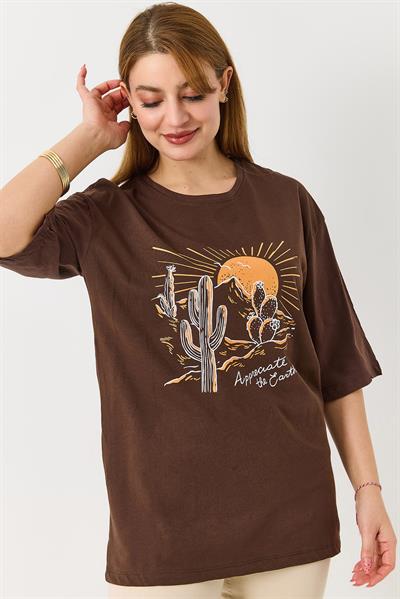 Kadın Çöl Tema Baskılı Bisiklet Yaka Tshirt Kahverengi