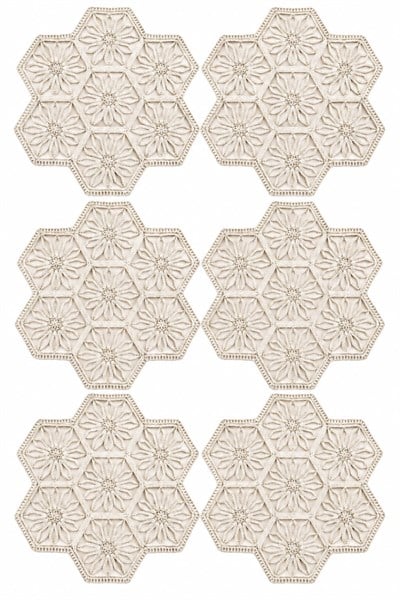 6lı Geometrik Desenli Çiçek Motifli Runner Beyaz