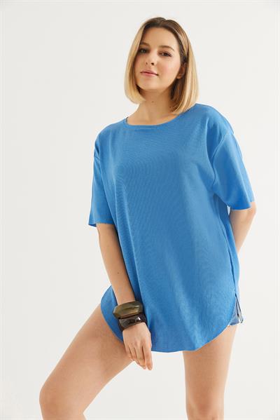 Bisiklet Yaka  Kısa Kol Basic Tshirt Mavi