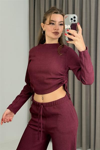 Kadın Yandan Bağlama Detaylı Aerobin Kumaş Bordo Takım