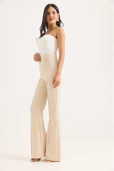 Çımalı İspanyol Paça Yüksek Bel Pantolon Krem