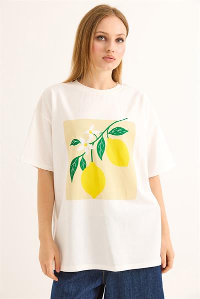 Limon Baskılı Rahat Kalıp Tshirt Beyaz