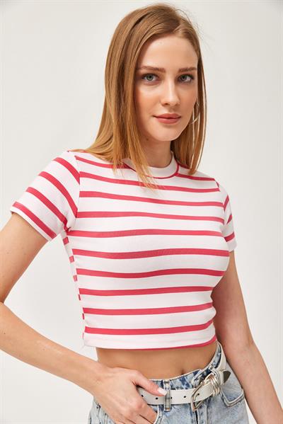 Çizgili Bisiklet Yaka Crop Bluz Pembe