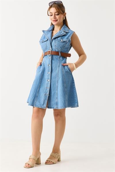 Kemerli Önden Düğmeli Kolsuz Denim Elbise Mavi
