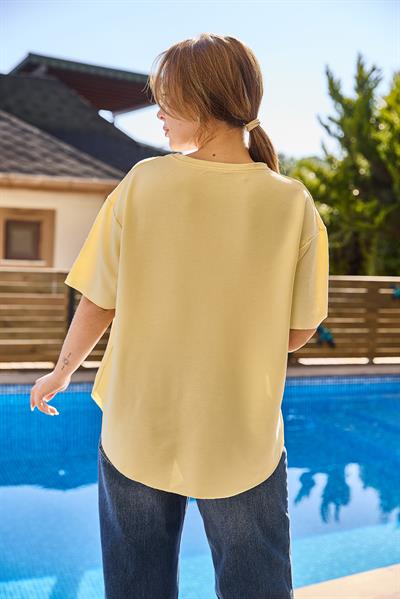 Oysh Yumuşak Dokulu Eteği Oval Modal Tshirt Sarı