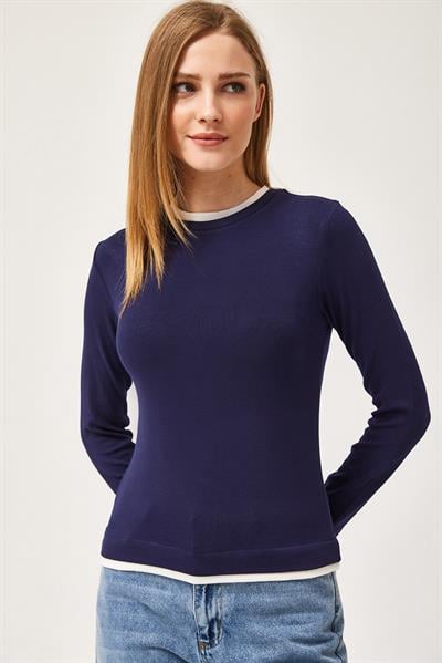 Yaka ve Etek Garnili Esnek Bluz Lacivert