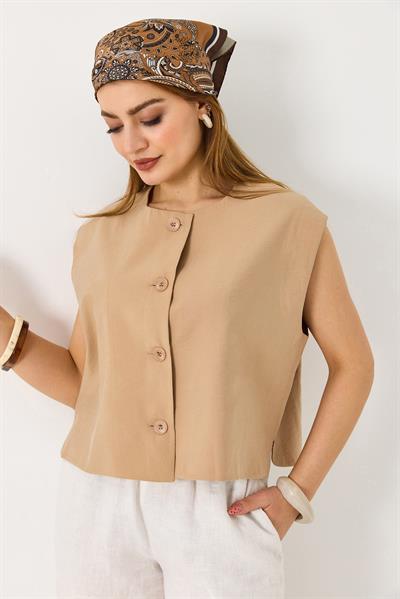 Kadın Kısa Kollu Düğmeli Crop Yelek Vizon