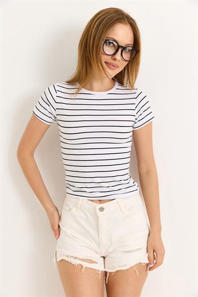 Bisiklet Yaka Likralı Pamuk Tshirt Beyaz