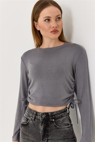 Yanları Büzgülü Uzun Kollu Antrasit Bluz 