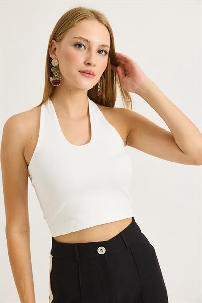 Boyundan Geçirmeli Crop Bluz Beyaz