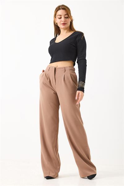 Kadın Yan Kemer Detaylı Bol Kesim Pantolon Sütlü Kahve