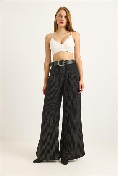 Keten Karışımlı Palazzo Pantolon Siyah