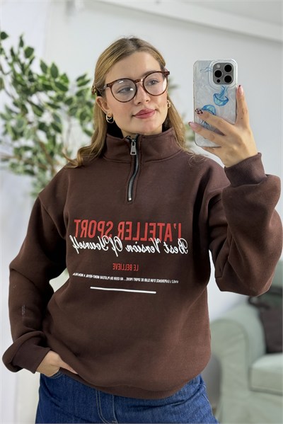 Kadın Dik Yaka Yarım Fermuarlı Baskılı Sweatshirt Kahverengi