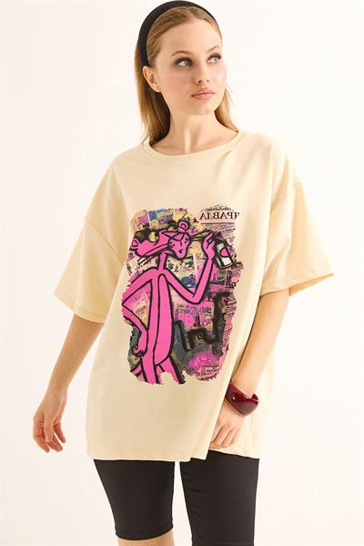 Baskılı Oversize Kesim Kadın Tshirt Sarı
