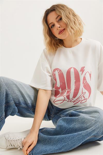 Bisiklet Yaka Kısa Kollu Tshirt Beyaz