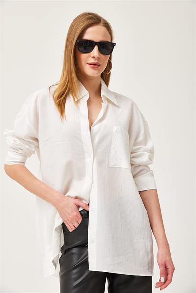 Oversize Cepli Poplin Gömlek Beyaz