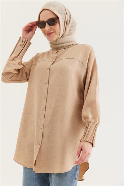 Keten Kumaş Kol Nervül Detaylı Gömlek Tunik Bej