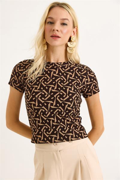 Geometrik Desen Kısa Kollu Bluz Kahverengi
