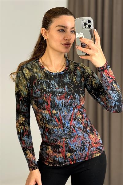 Kadın Desenli Kaşkorse Uzun Kollu Bluz Karışık Renk